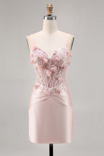Corset Tight Pink Homecoming Dress with 3D Flowers